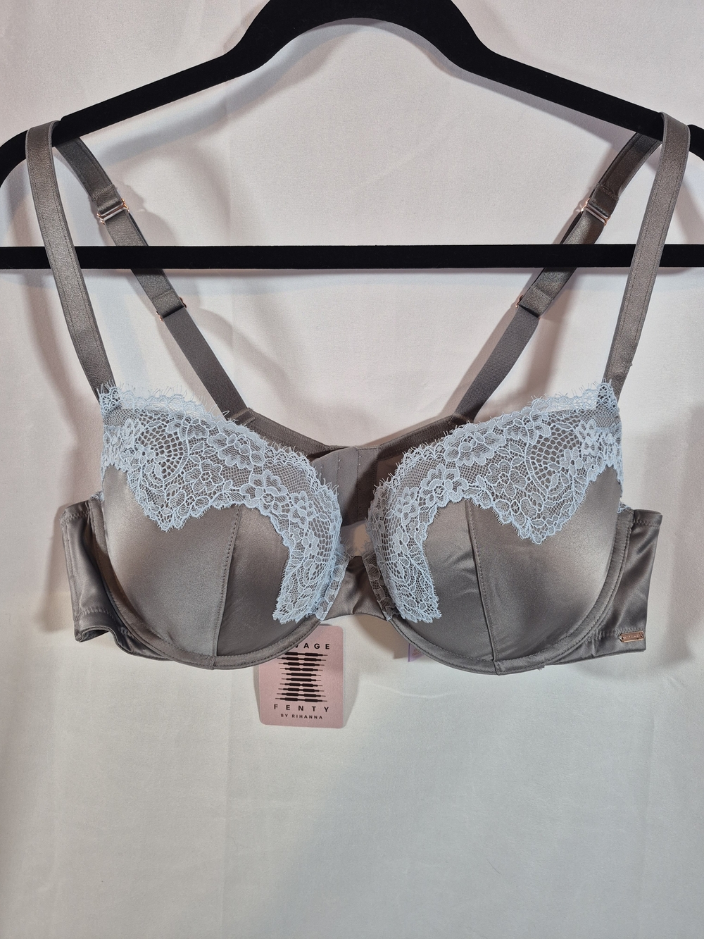 Savage X Fenty by Rihanna Satin Underwire Padded Demi Bra Gray Blue Lace 40C NWT